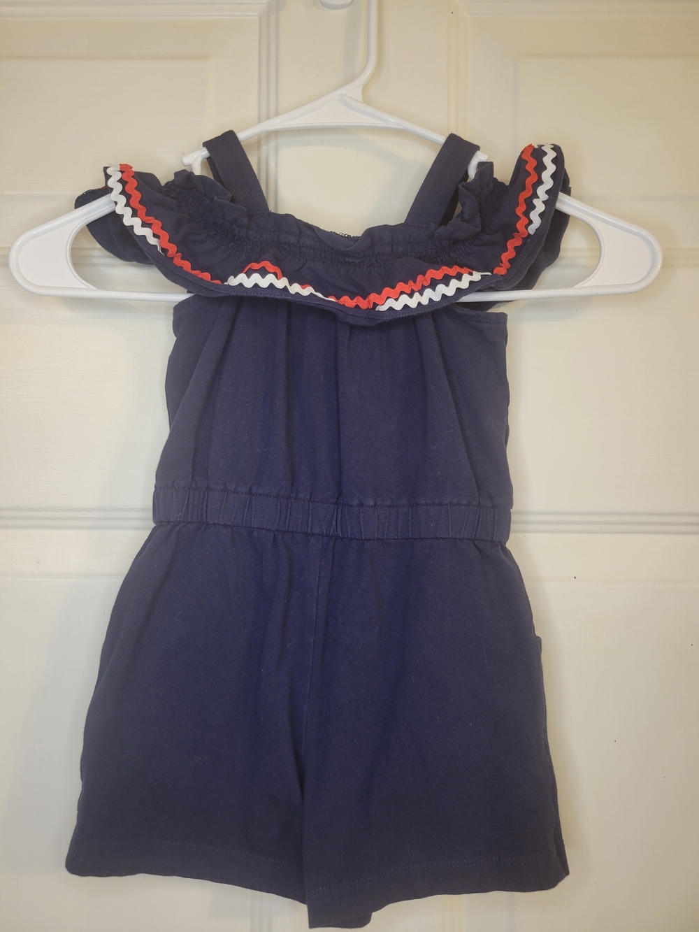Janie And Jack Navy Off-Shoulder Romper with Red & White Trim - Picture 6 of 7